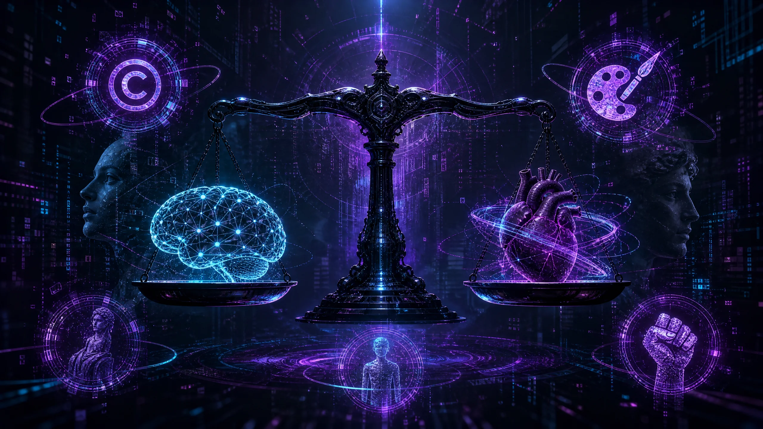 AI绘画版权与伦理天平象征技术与人文的平衡